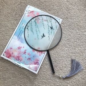 NWOT Elegant Silk Chinese Round Fan with Swallow & Willow Design + Tassel